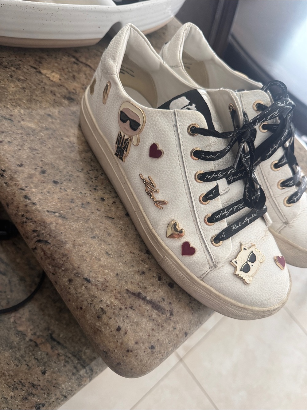 Karl Lagerfeld White Leather Sneakers with Gold Charms and Red Heart Accents